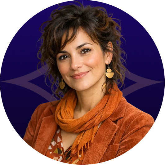 Portrait d'une femme souriante sur fond bleu pour SNØW Ai. Intelligence artificielle.